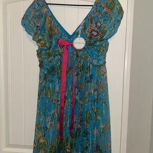 Blue Floral Dress with Pink Ribbon